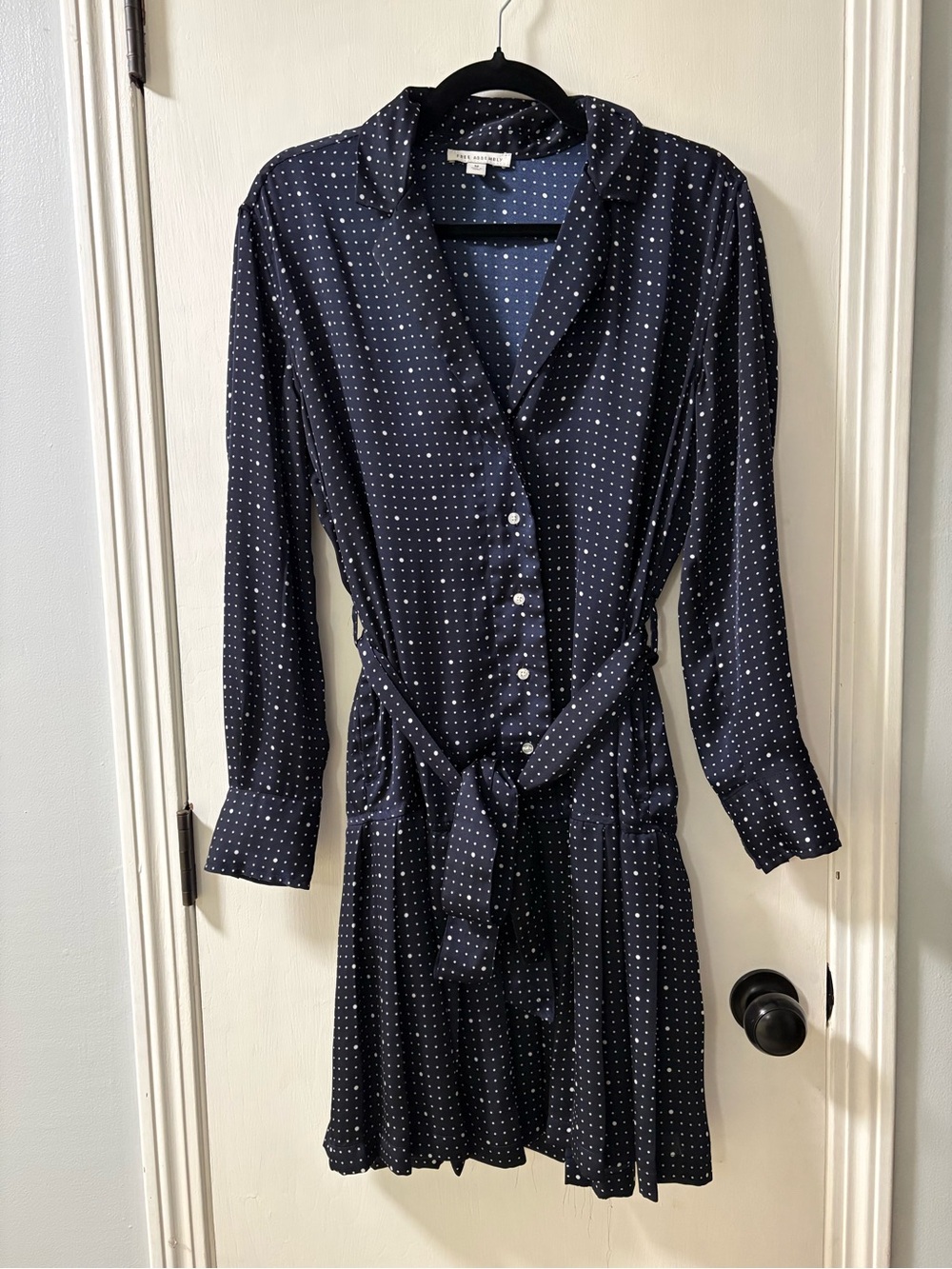 Polka Dot Navy Long-Sleeve Shirt Dress with Self-Tie Waist